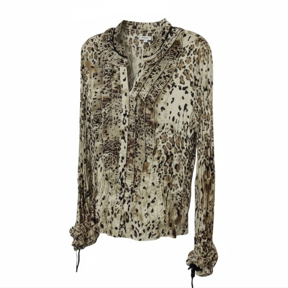 Vintage Agora Ruffle Animal Print Top Long Sleeve Fringe Crinkle Pleated Y2K